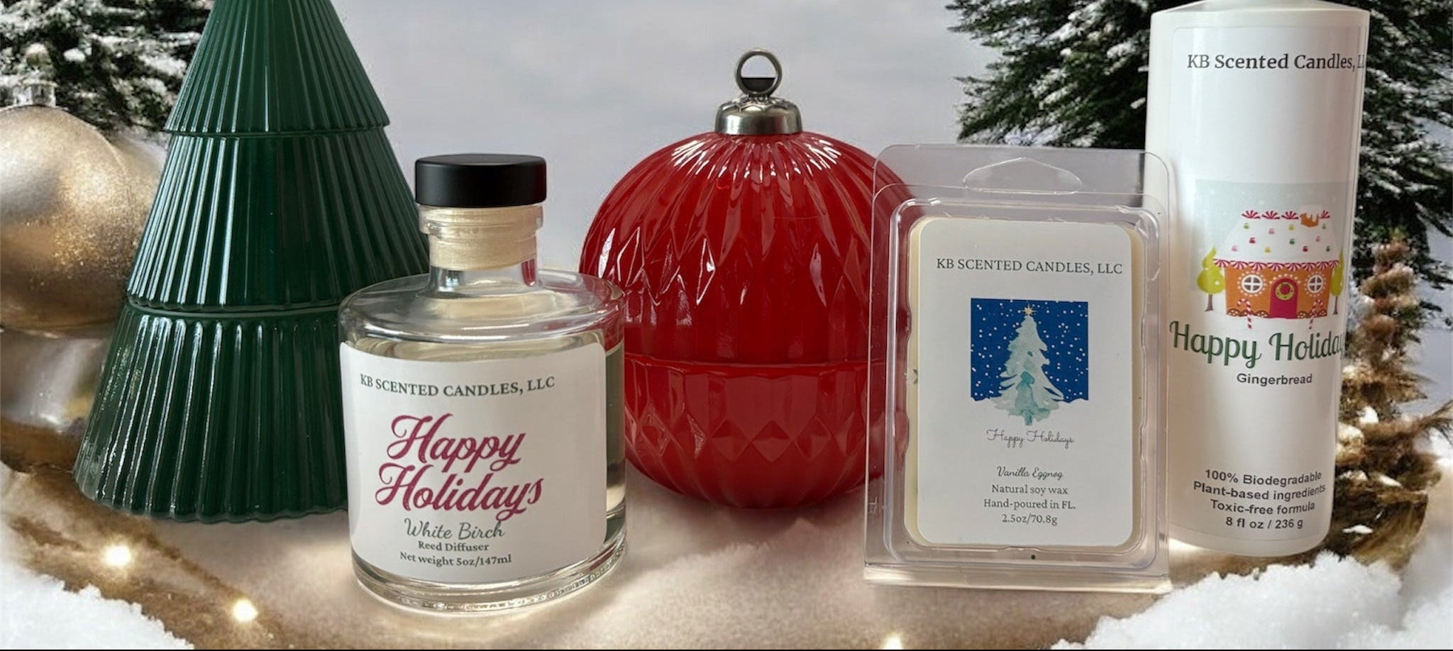 Holiday-themed candles, sprays, wax melts, and reed diffusers.